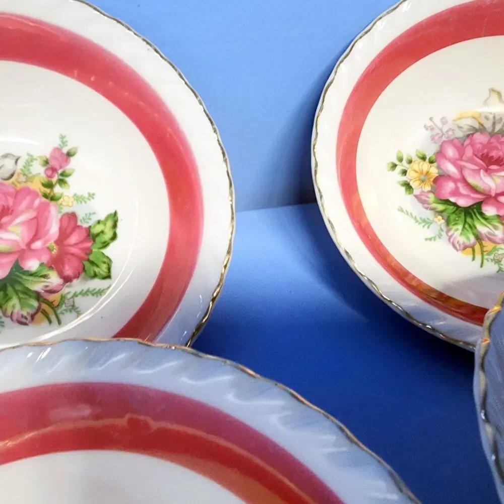4 Westwood Luster Floral Bowls Gold Trim Pink Burgundy Set 5 1/2